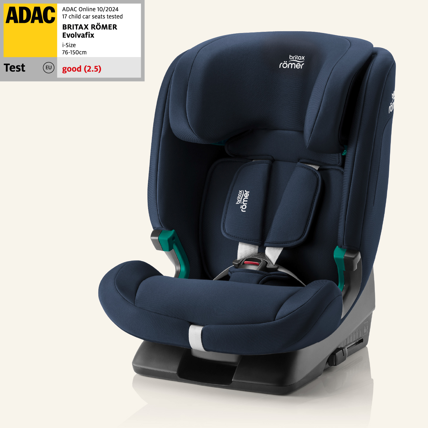 Cadeira auto combinada Britax R&ouml;mer EVOLVAFIX; ao lado, uma etiqueta de teste ADAC com a classifica&ccedil;&atilde;o bom (2,5).